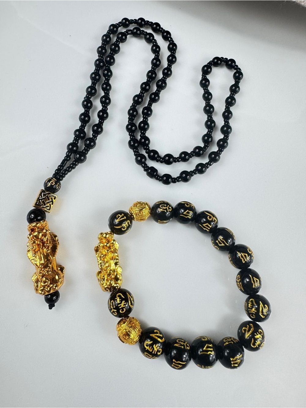 Feng Shui Black and Gold Beaded Women's Necklace & Bracelet Set